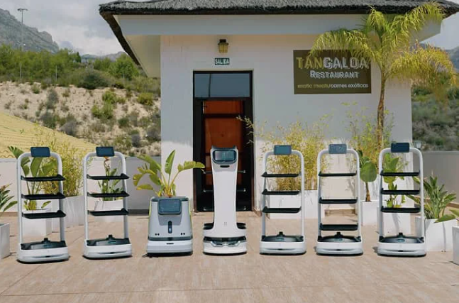 fleet of pudu robots in an outdoor hotel setting