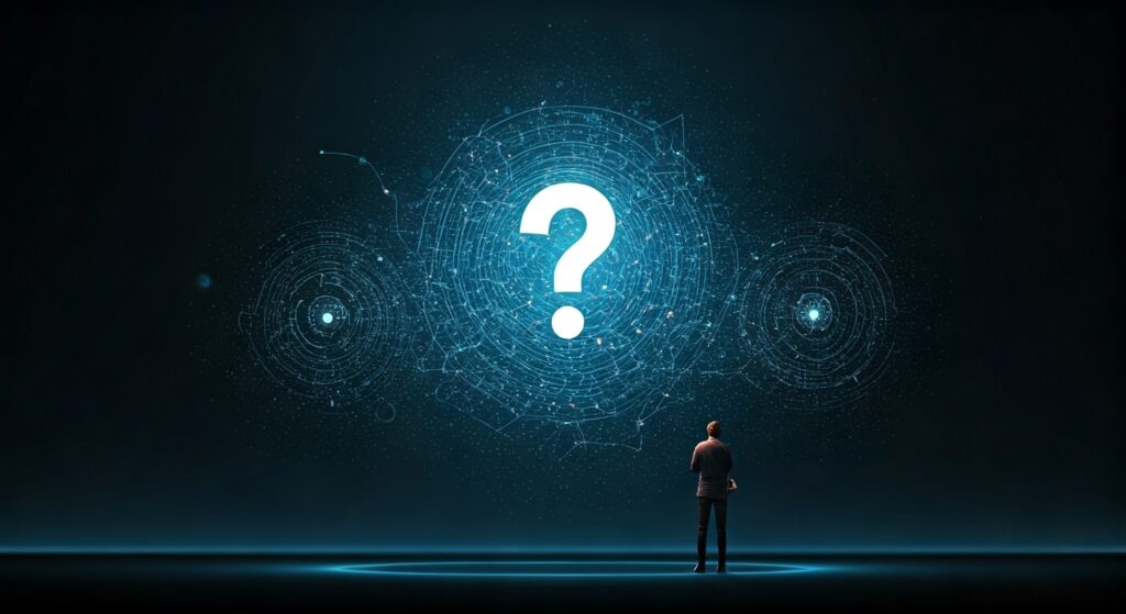 glowing question mark and man looking up