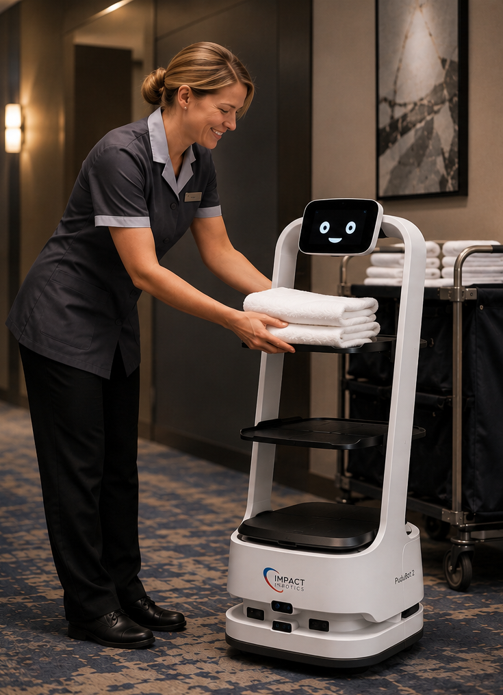 hotel staff stocking robot with towels