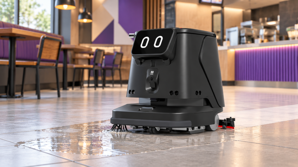 Black Robot Mopping Restaurant Floor